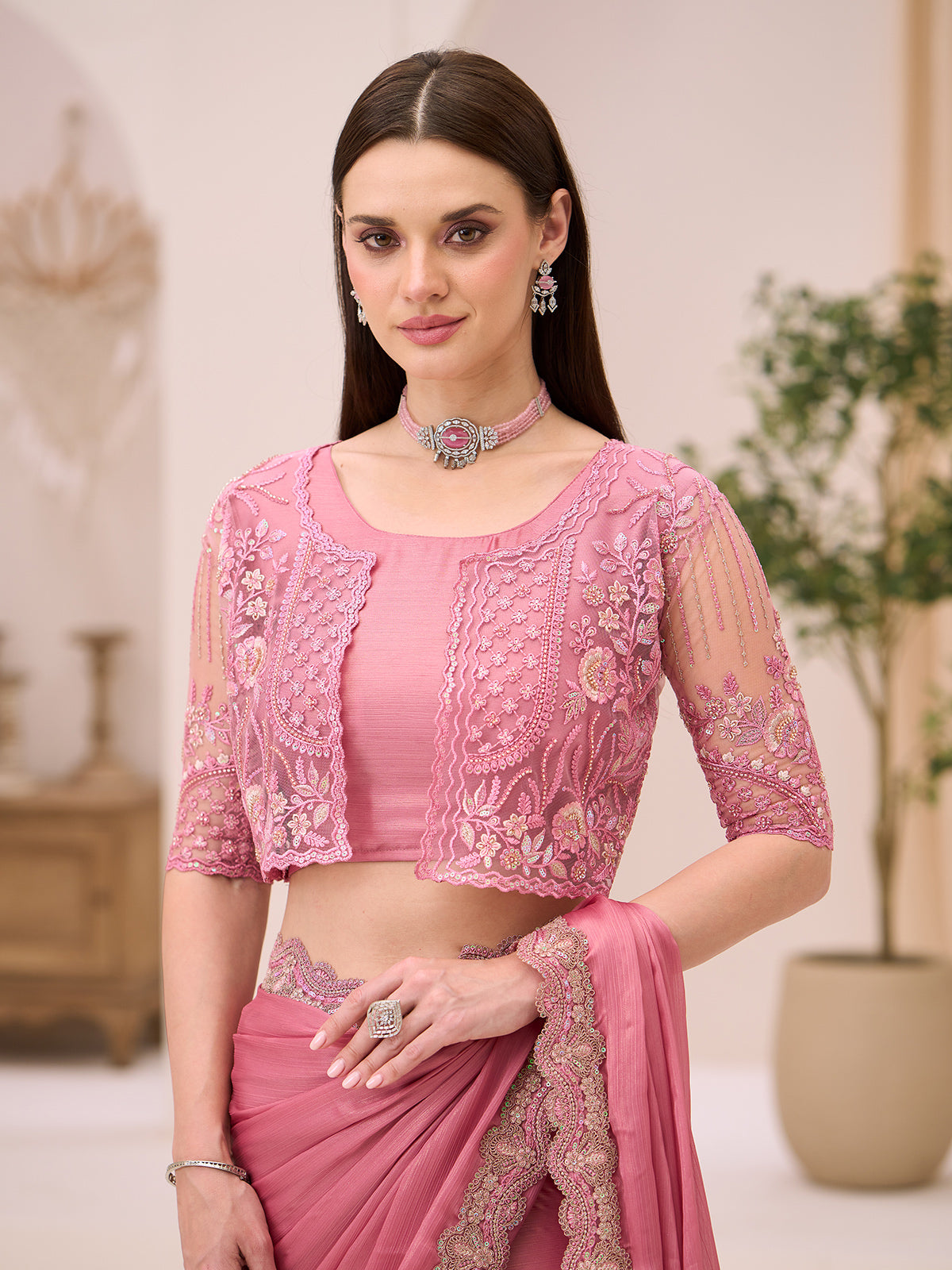 Onion pink festive wear satin saree