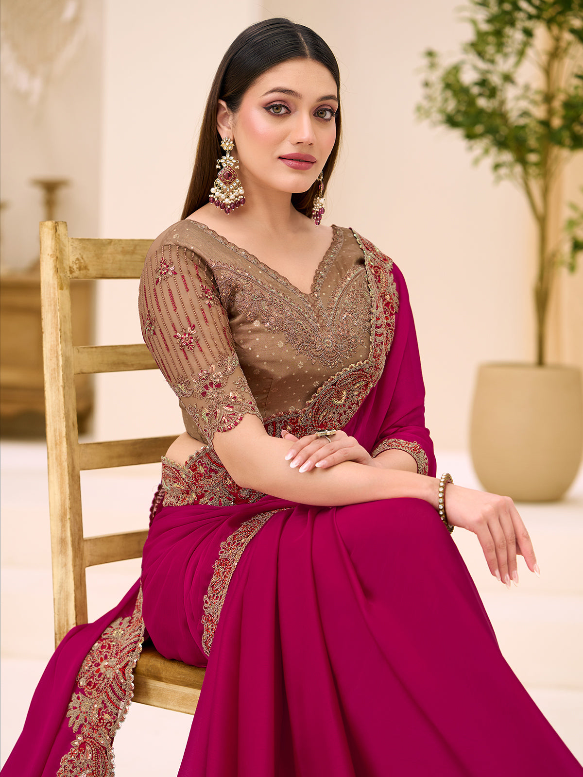 Maroon satin georgette saree for party celebration