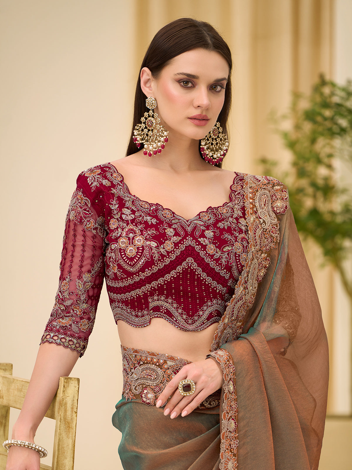 Olive green dual toned festive wear saree in georgette tissue