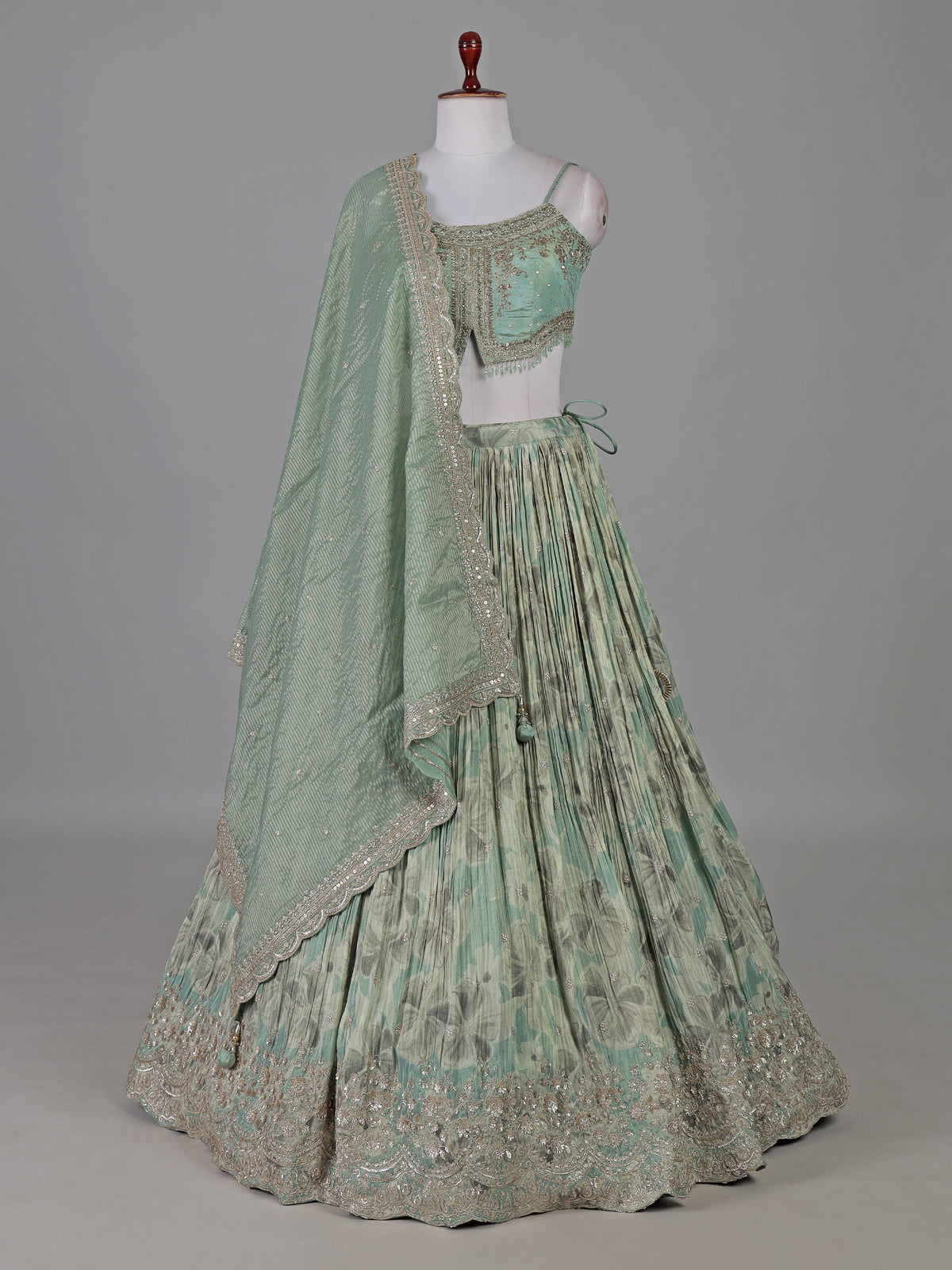 Pista green silk floral zardosi designer lehenga choli