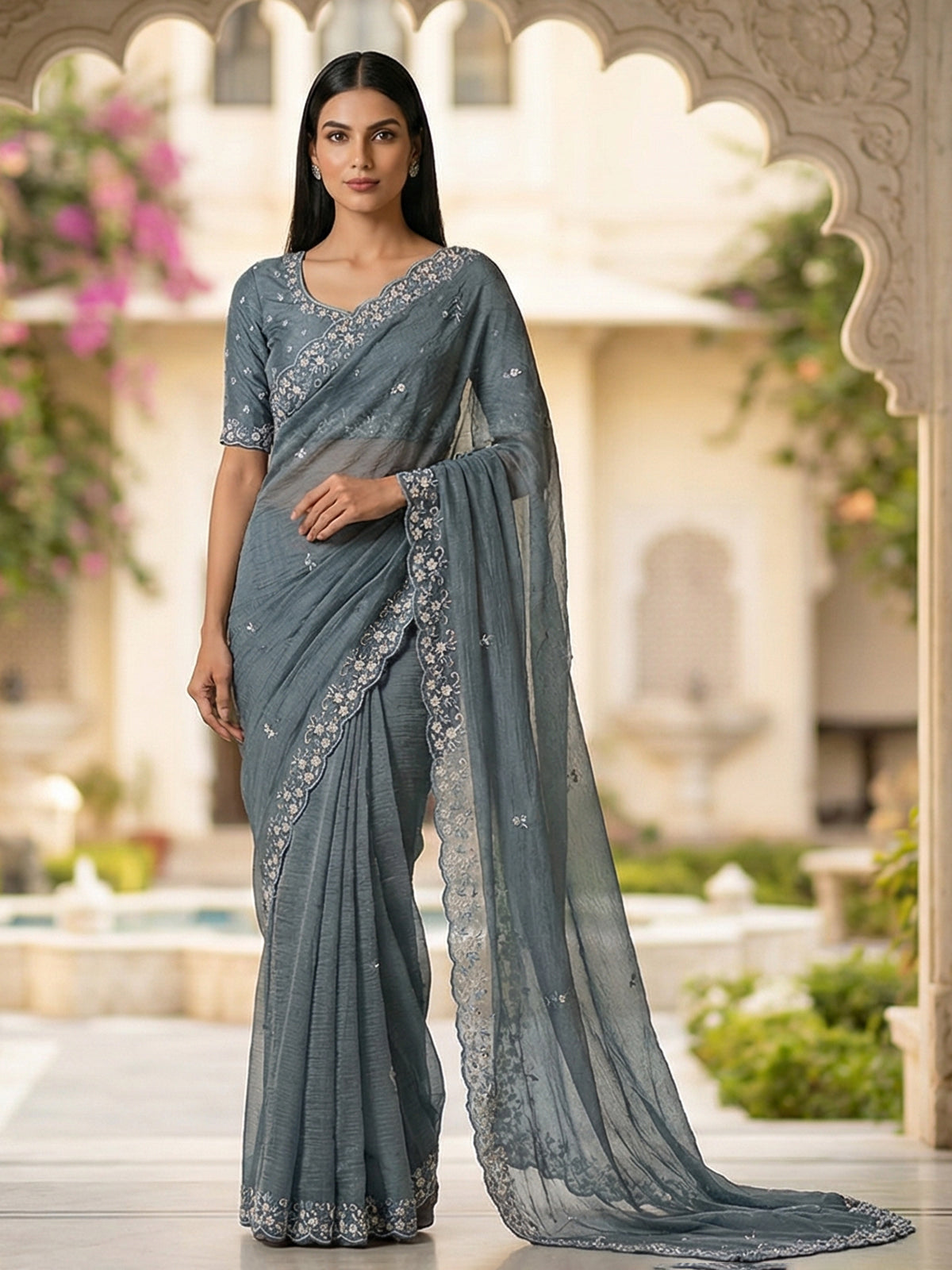 Grey chiffon zardosi work party wear saree elegance