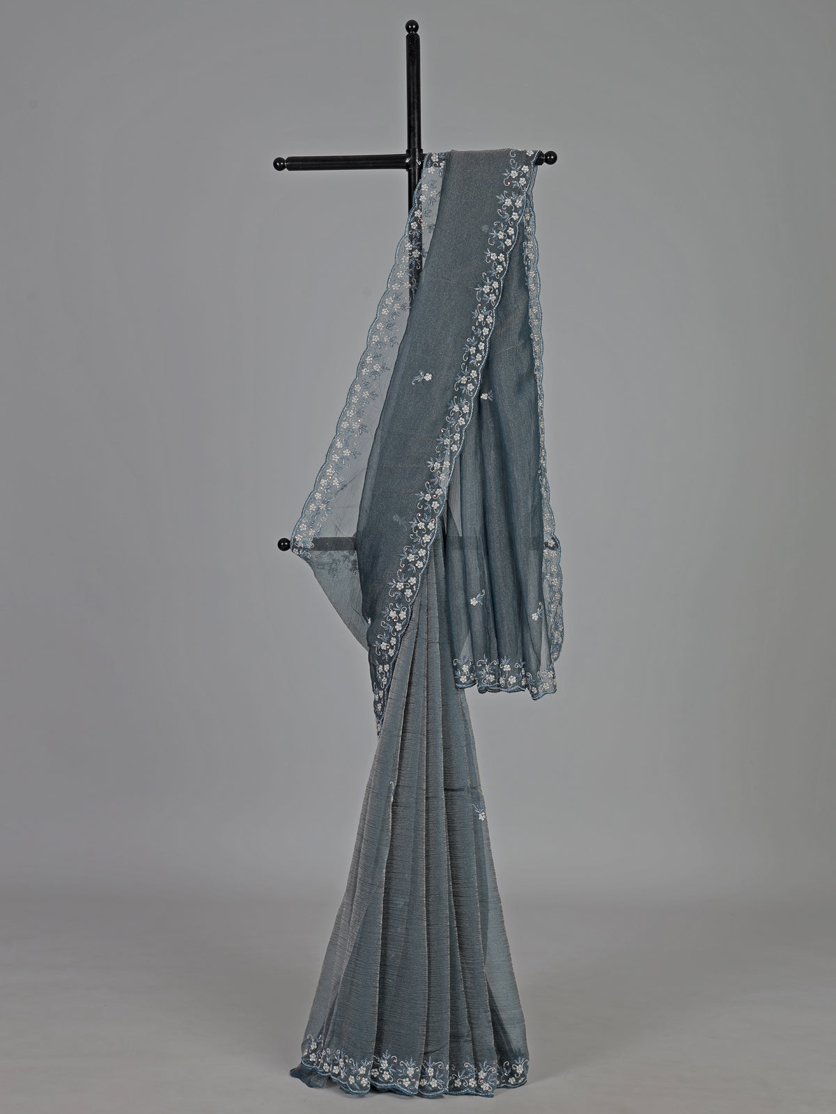 Grey chiffon zardosi work party wear saree elegance