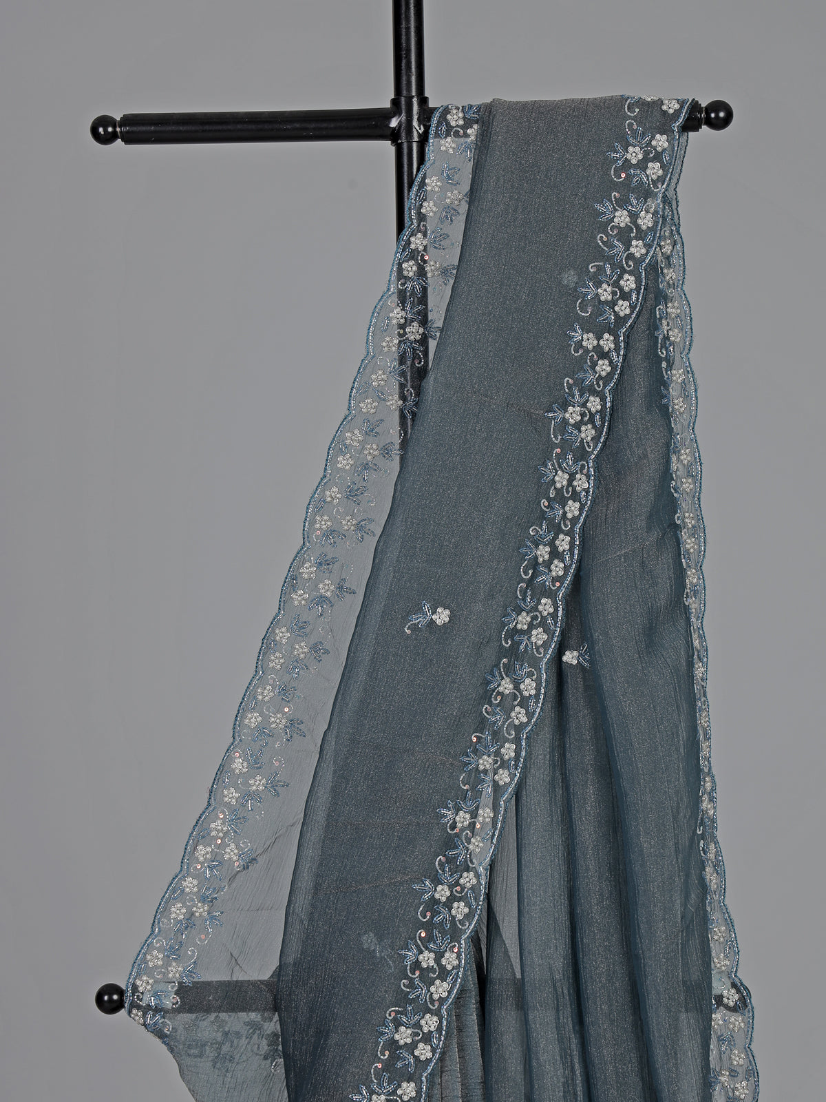 Grey chiffon zardosi work party wear saree elegance