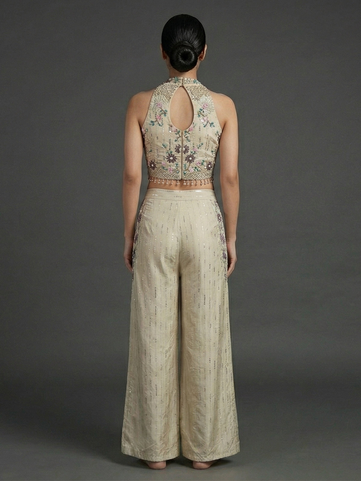 Cream cotton silk embellished halter neck palazzo suit