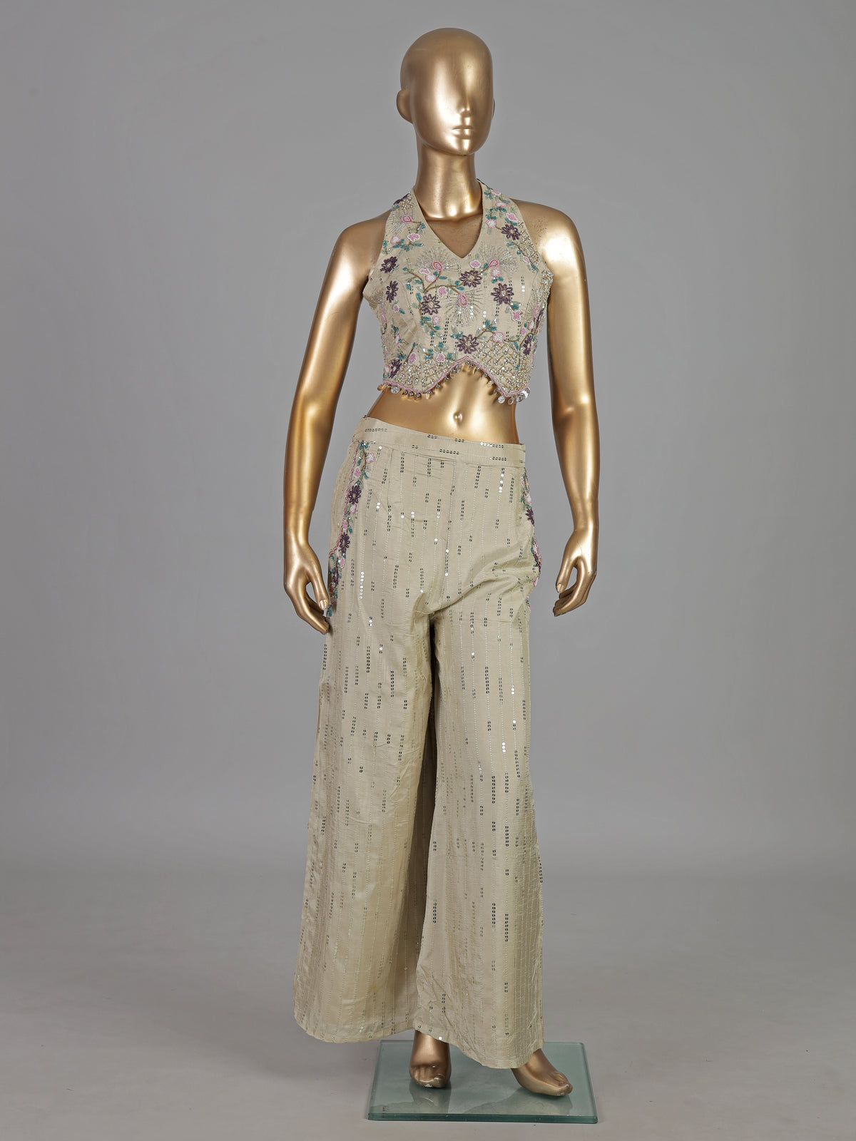 Cream cotton silk embellished halter neck palazzo suit
