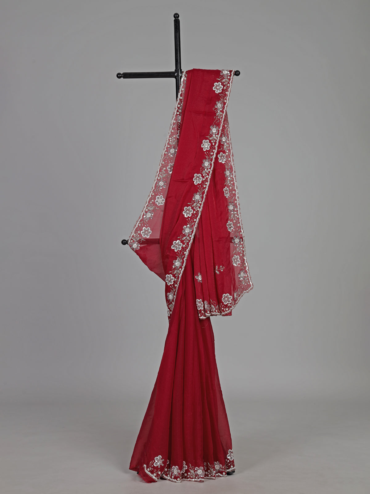 Red chiffon pearl embellished festive designer saree