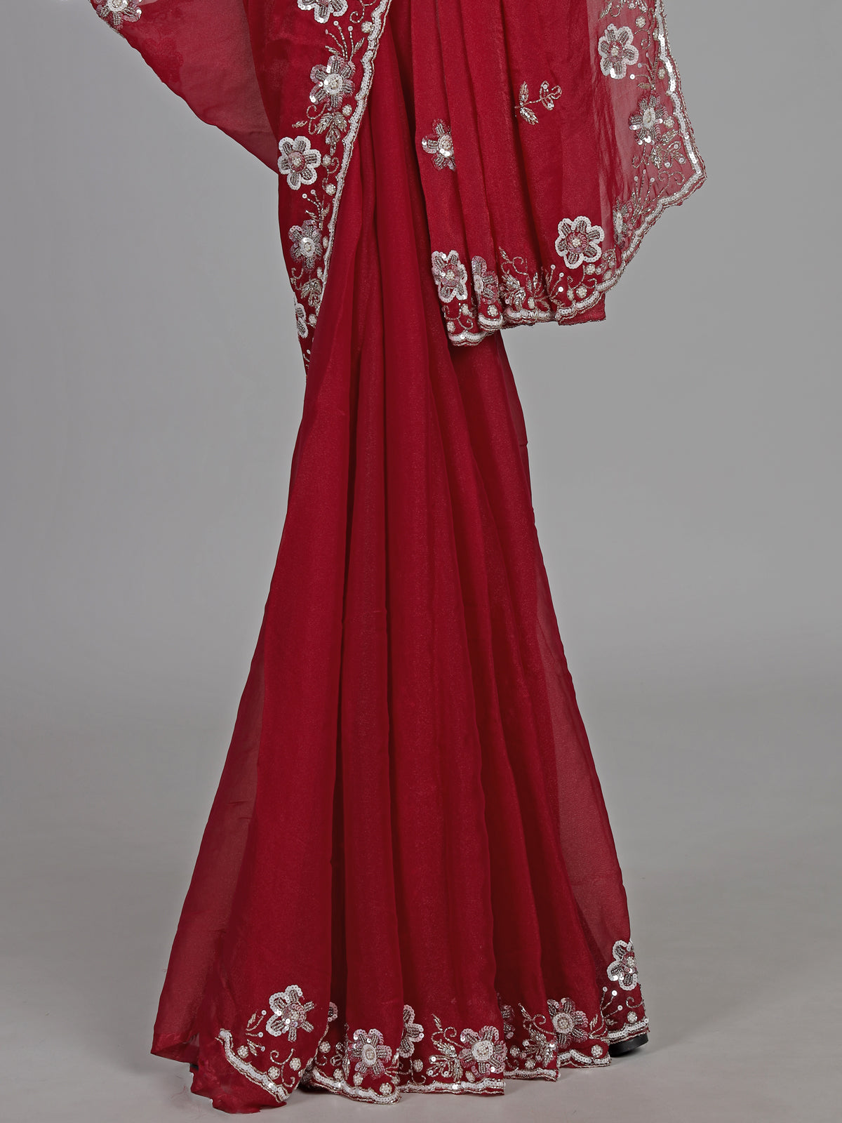 Red chiffon pearl embellished festive designer saree