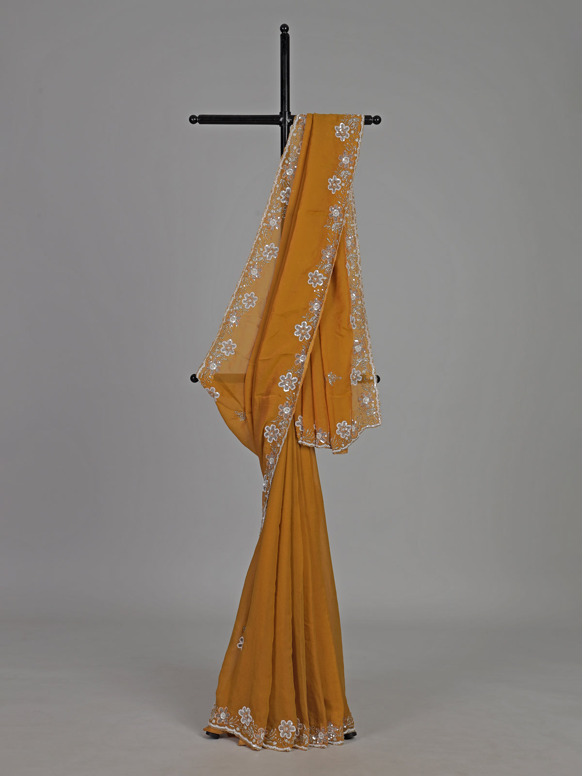 Mustard yellow chiffon haldi festive embellished saree elegance
