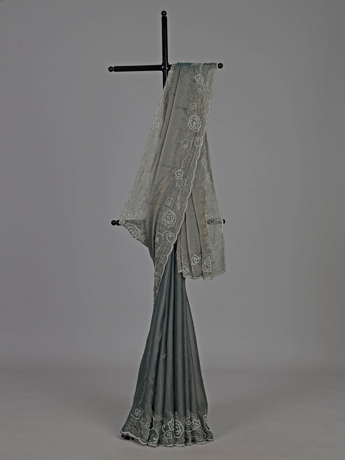 Dark grey tissue silk embellished party wear saree