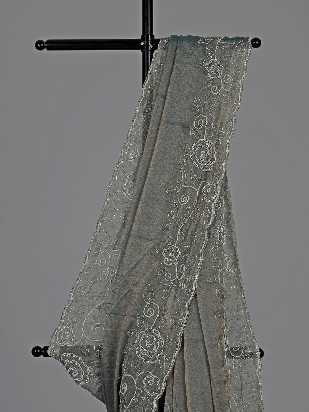 Dark grey tissue silk embellished party wear saree