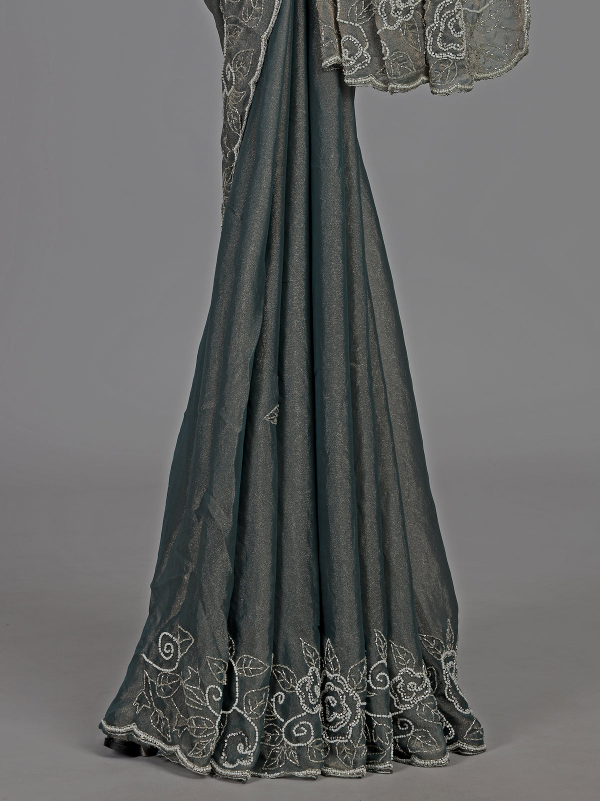 Dark grey tissue silk embellished party wear saree
