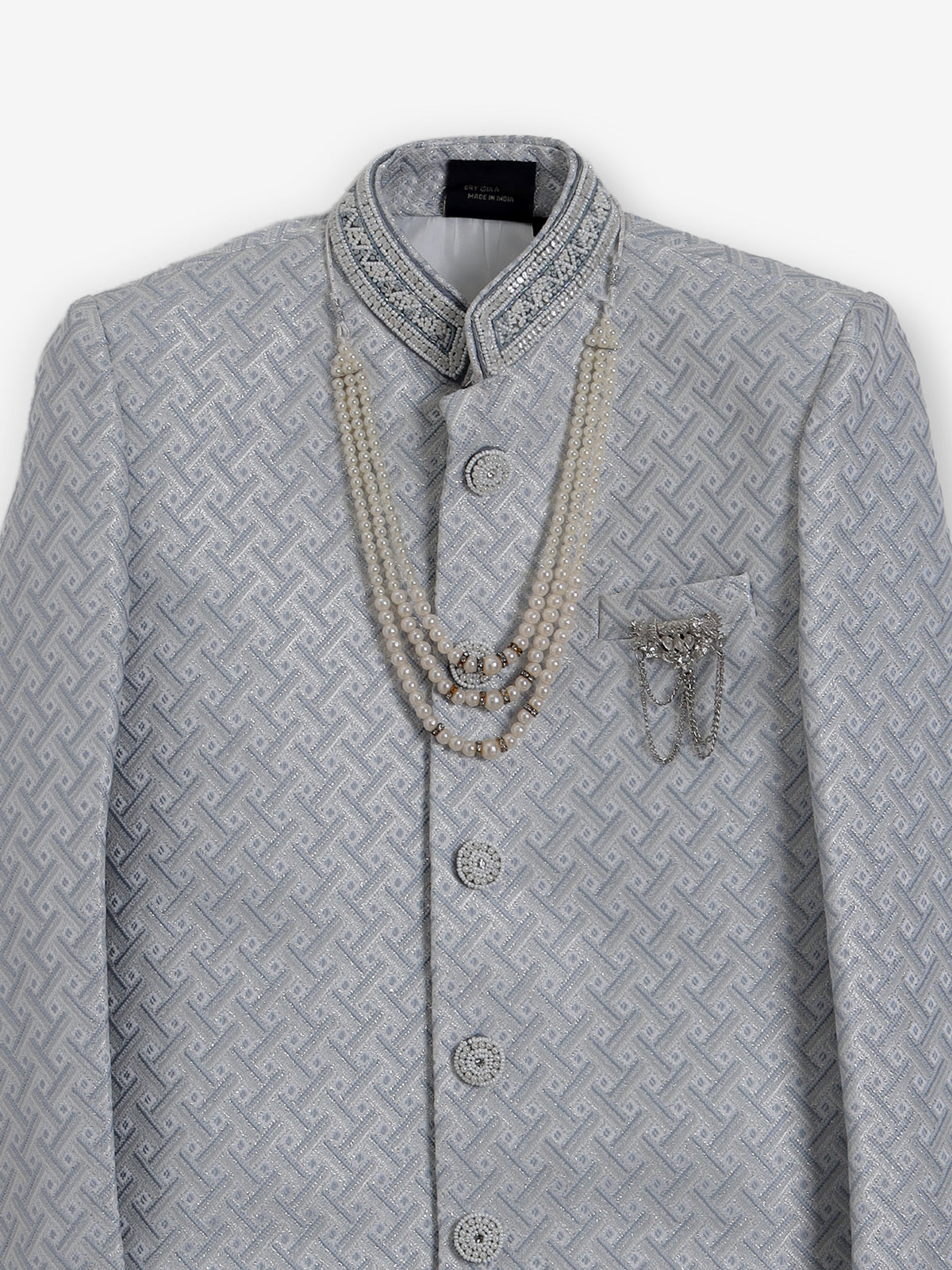 Grey silk embroidered texture festive boys indowestern