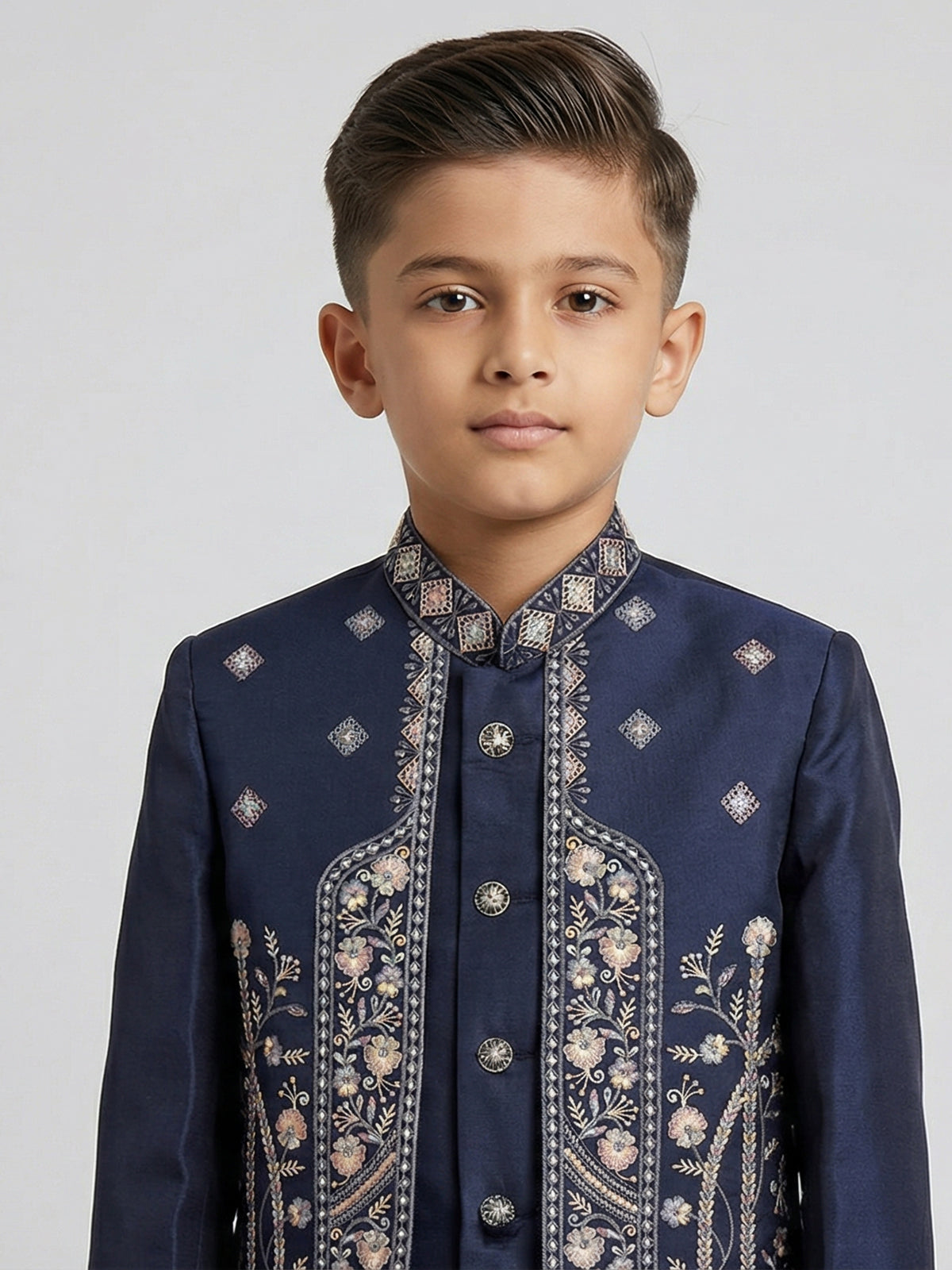 Navy blue silk embroidered festive wear indowestern