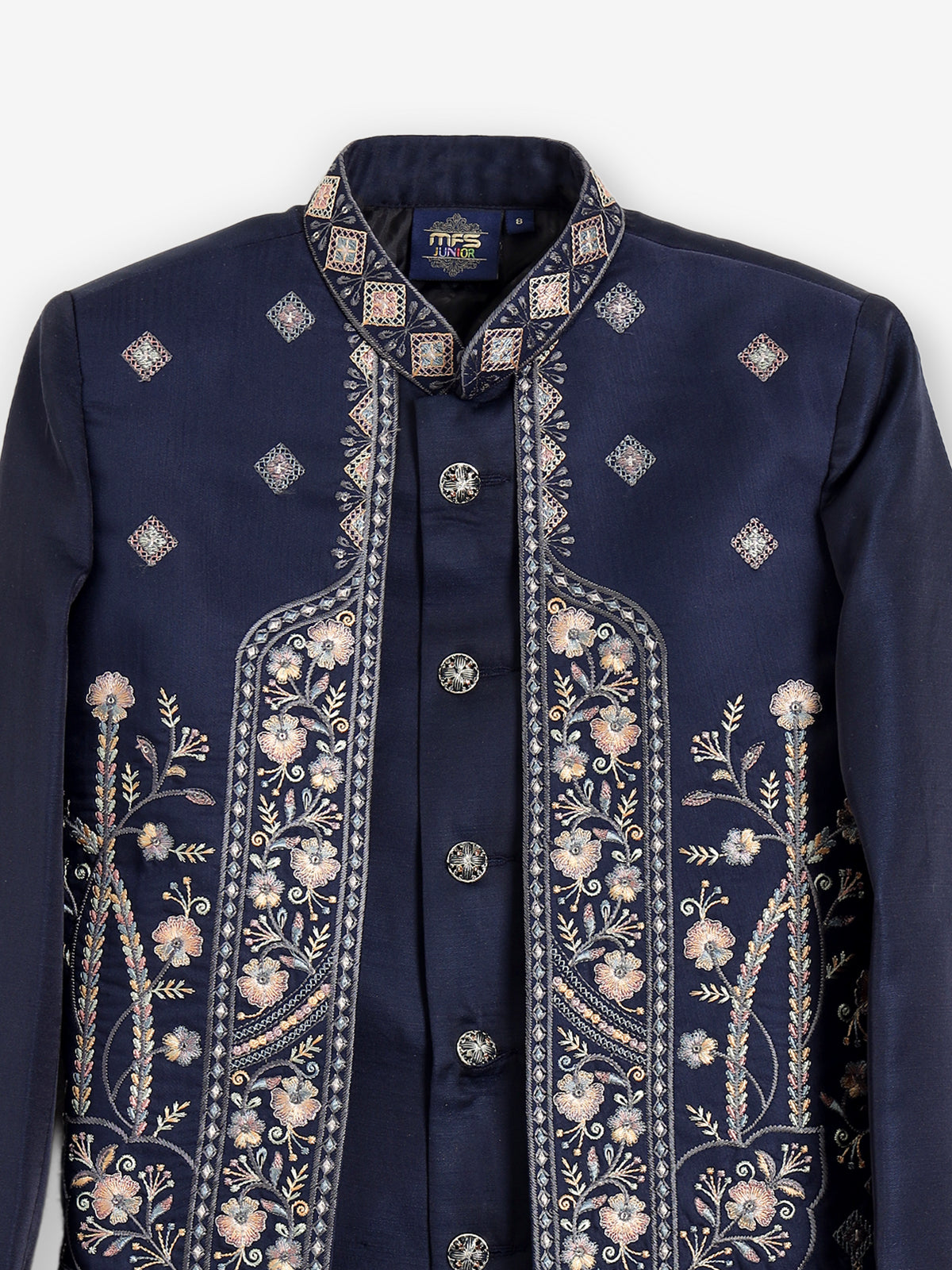 Navy blue silk embroidered festive wear indowestern