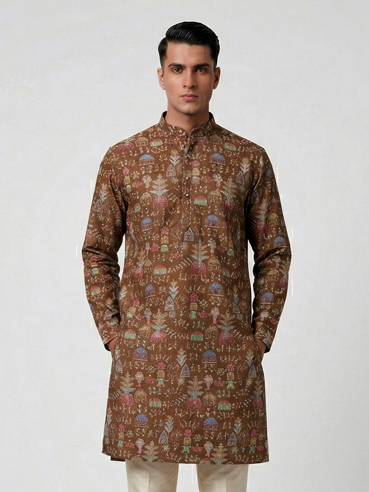 Brown silk printed thread sequins festive wear kurta