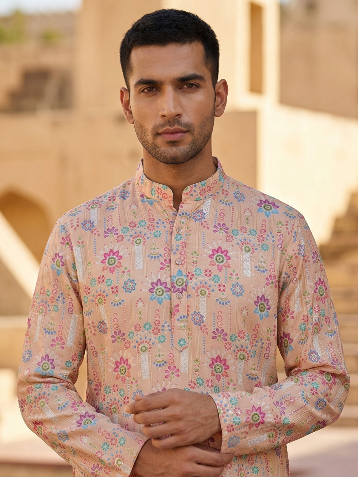 Light peach linen printed thread and sequins festive kurta