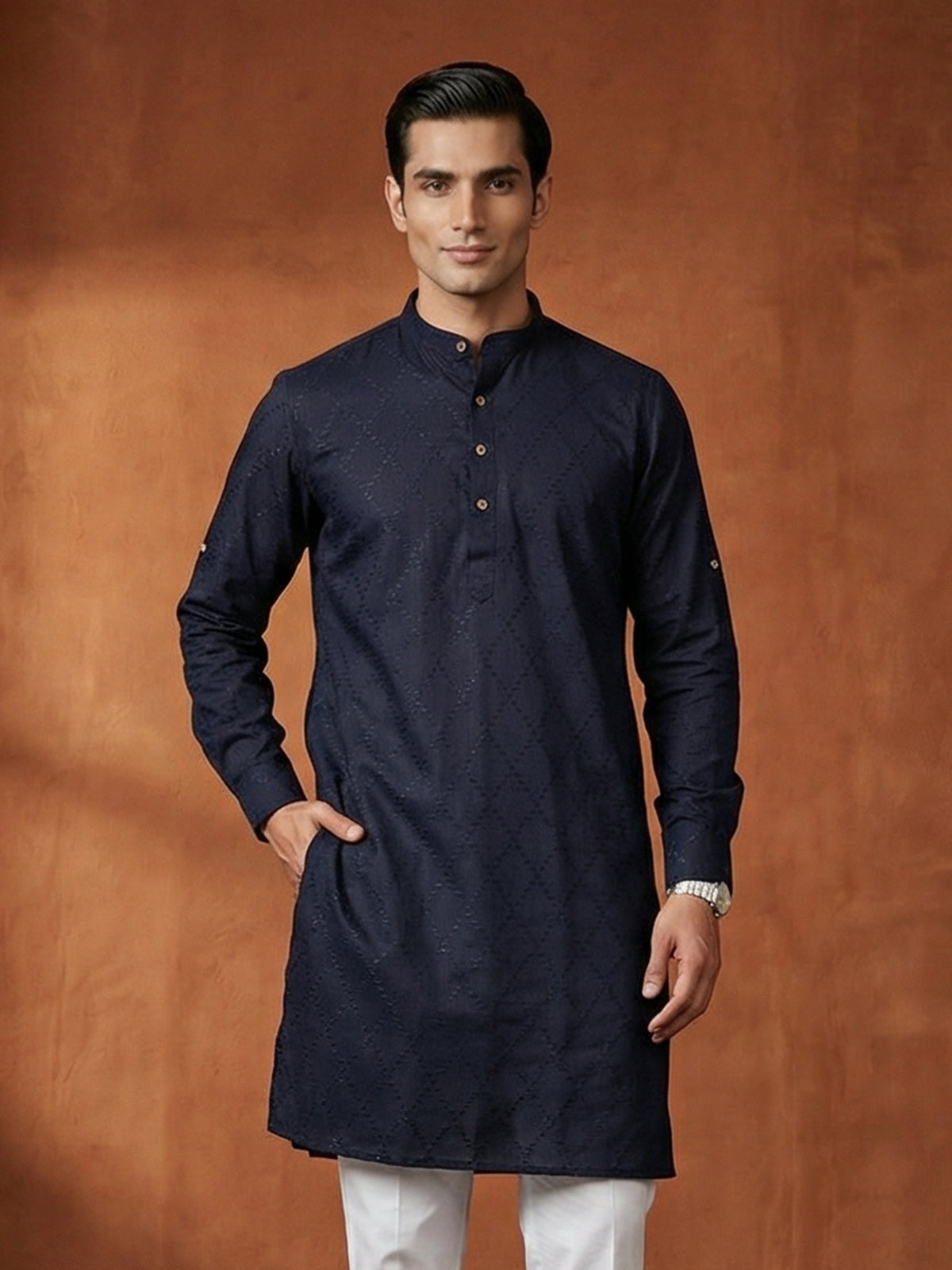 Navy cotton thread work festive wear kurta