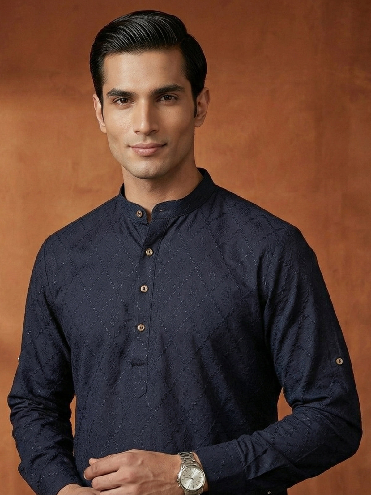 Navy cotton thread work festive wear kurta