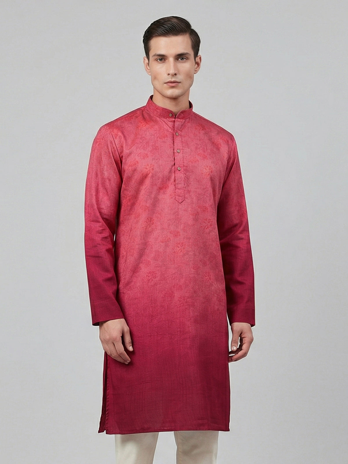 Rani pink silk shaded floral printed festive kurta