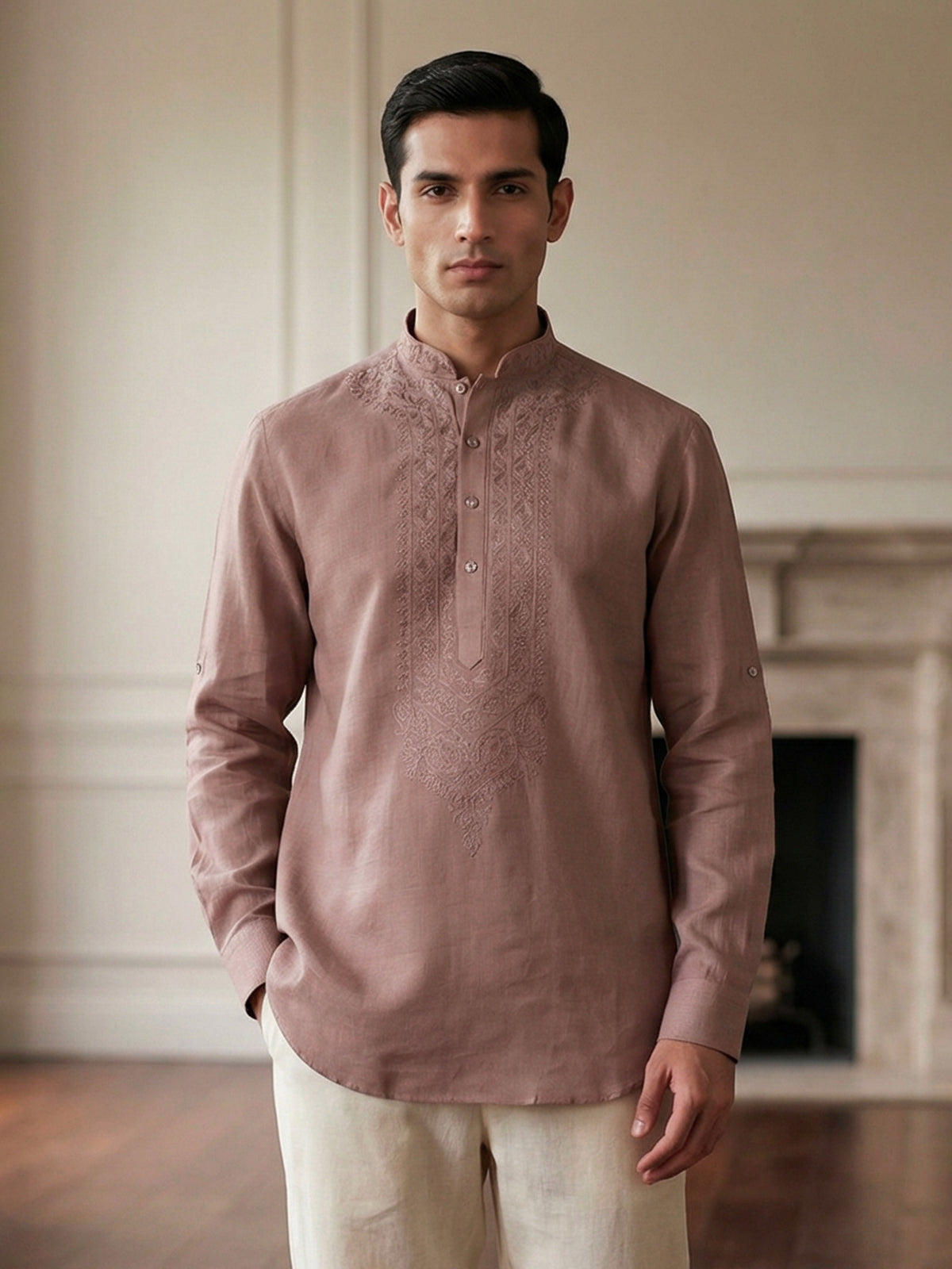 Onion pink linen embroidered short pathani festive kurta