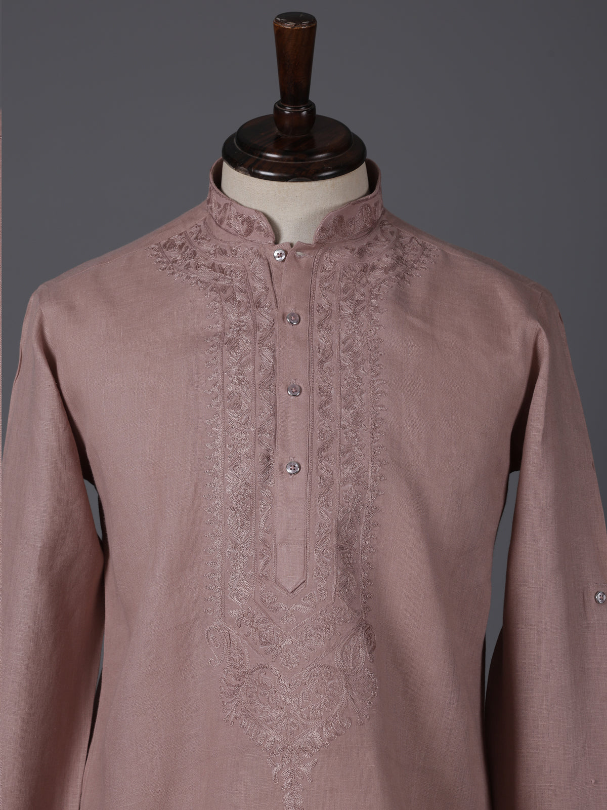 Onion pink linen embroidered short pathani festive kurta