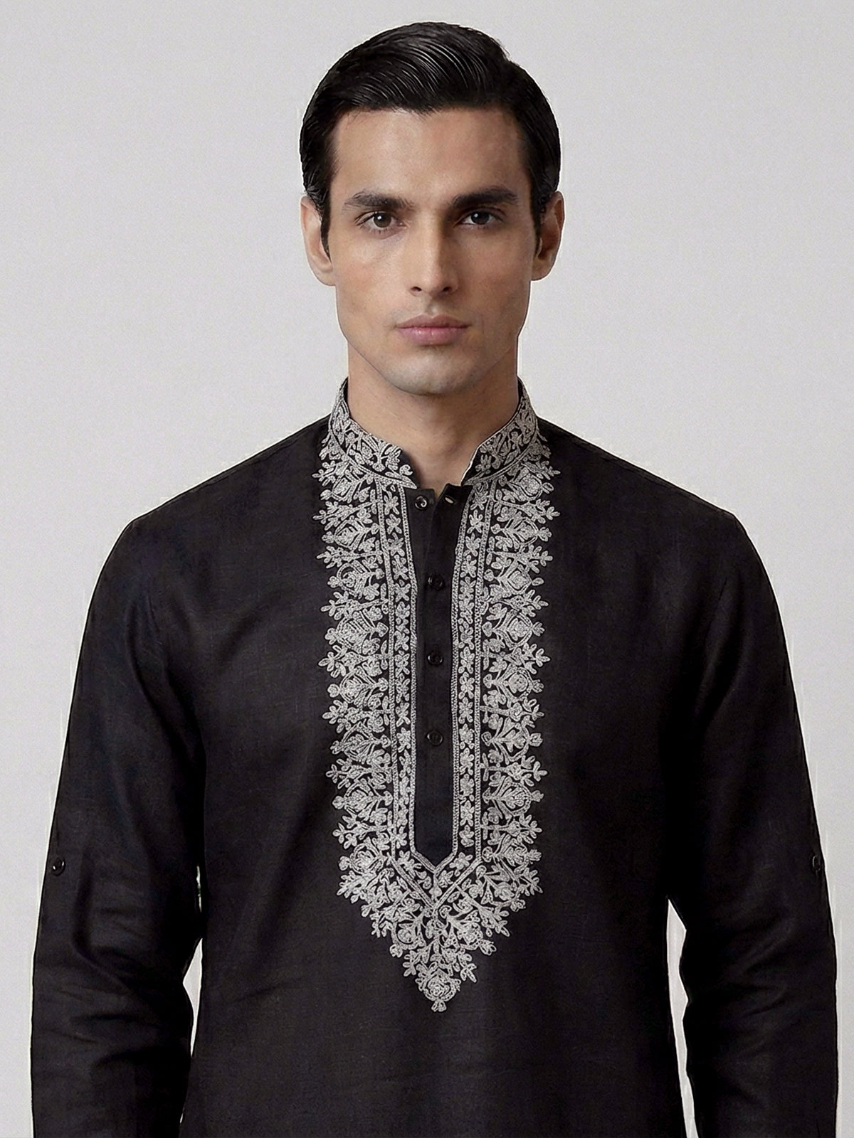 Black linen embroidered short pathani festive kurta