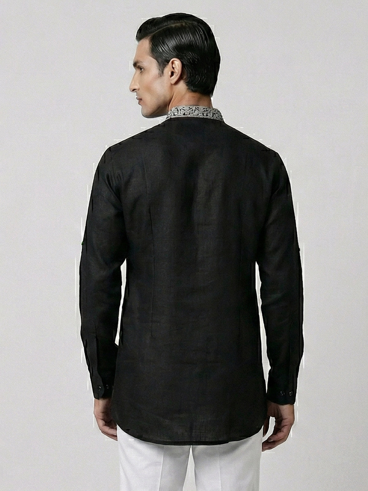 Black linen embroidered short pathani festive kurta