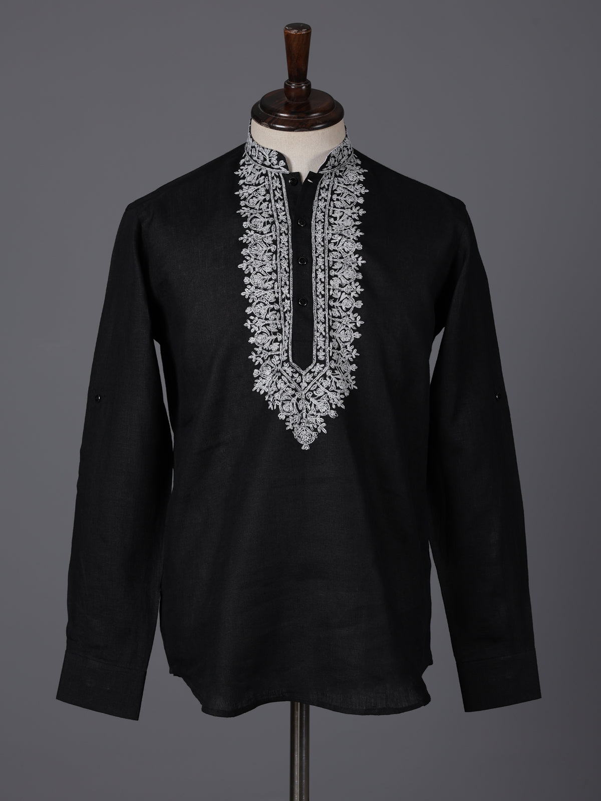 Black linen embroidered short pathani festive kurta