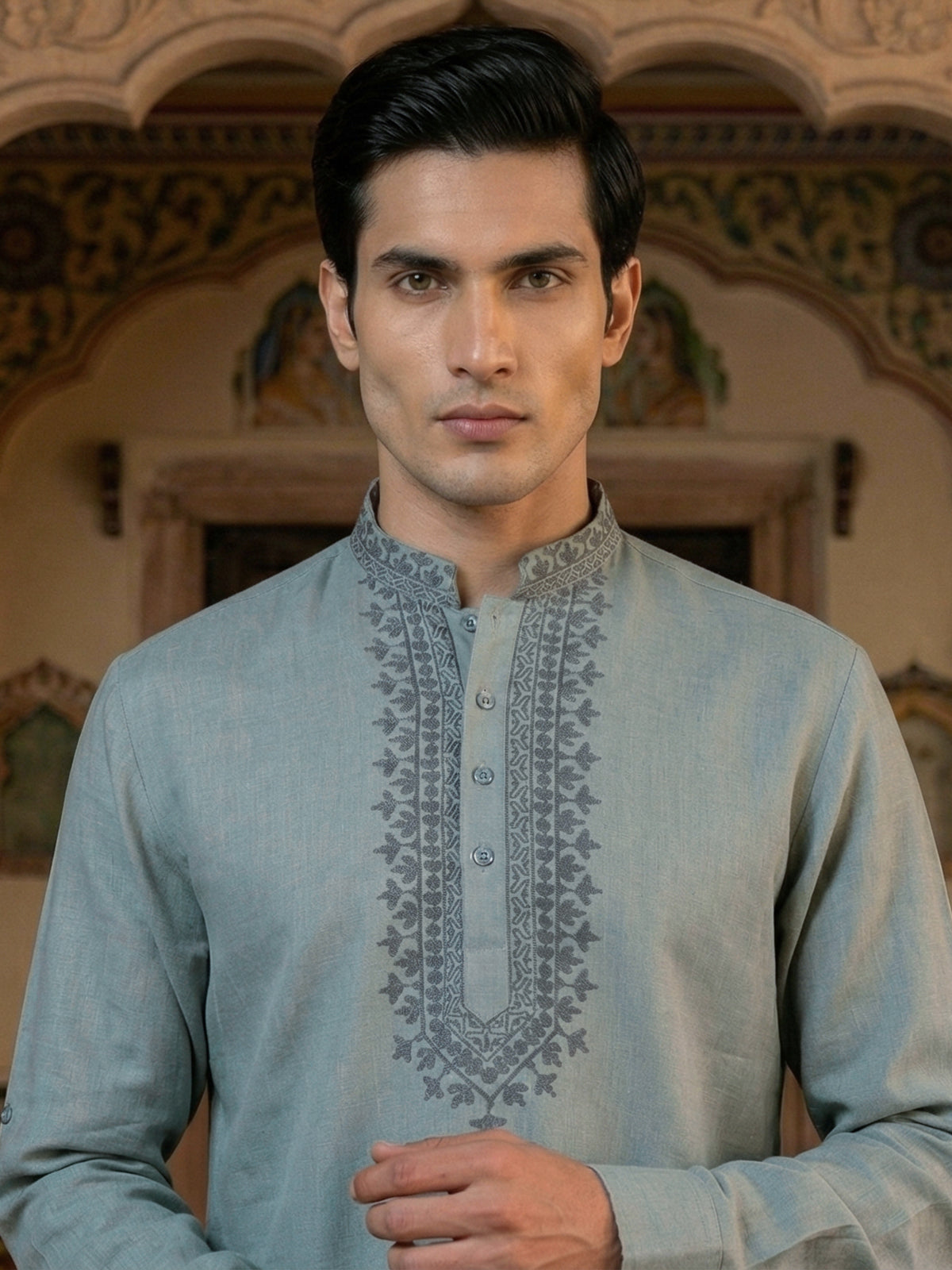 Light blue linen embroidered short pathani festive kurta