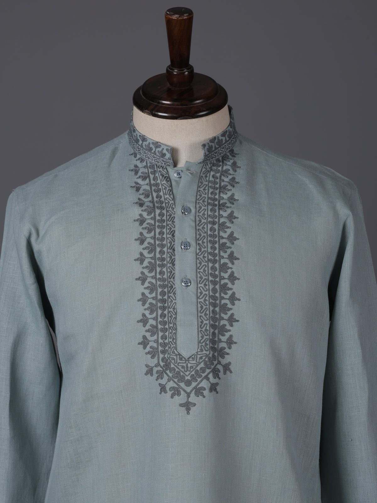 Light blue linen embroidered short pathani festive kurta