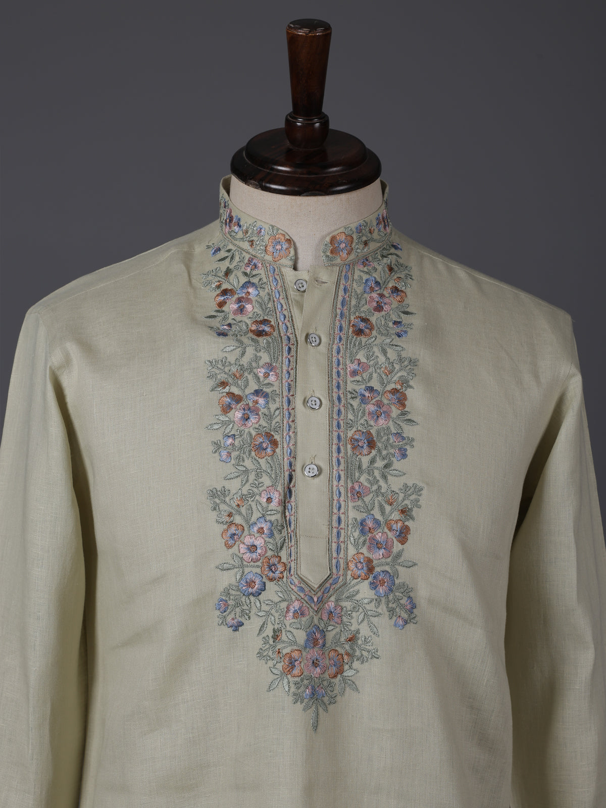 Beige linen embroidered short pathani festive kurta