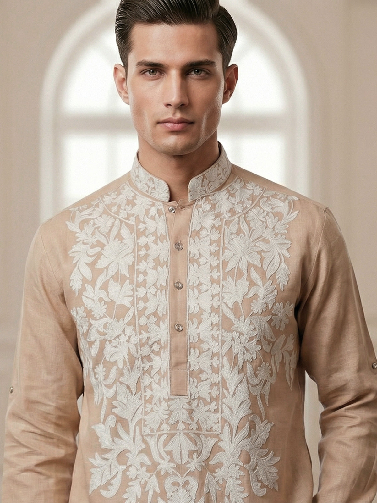 Beige linen thread work short pathani festive kurta