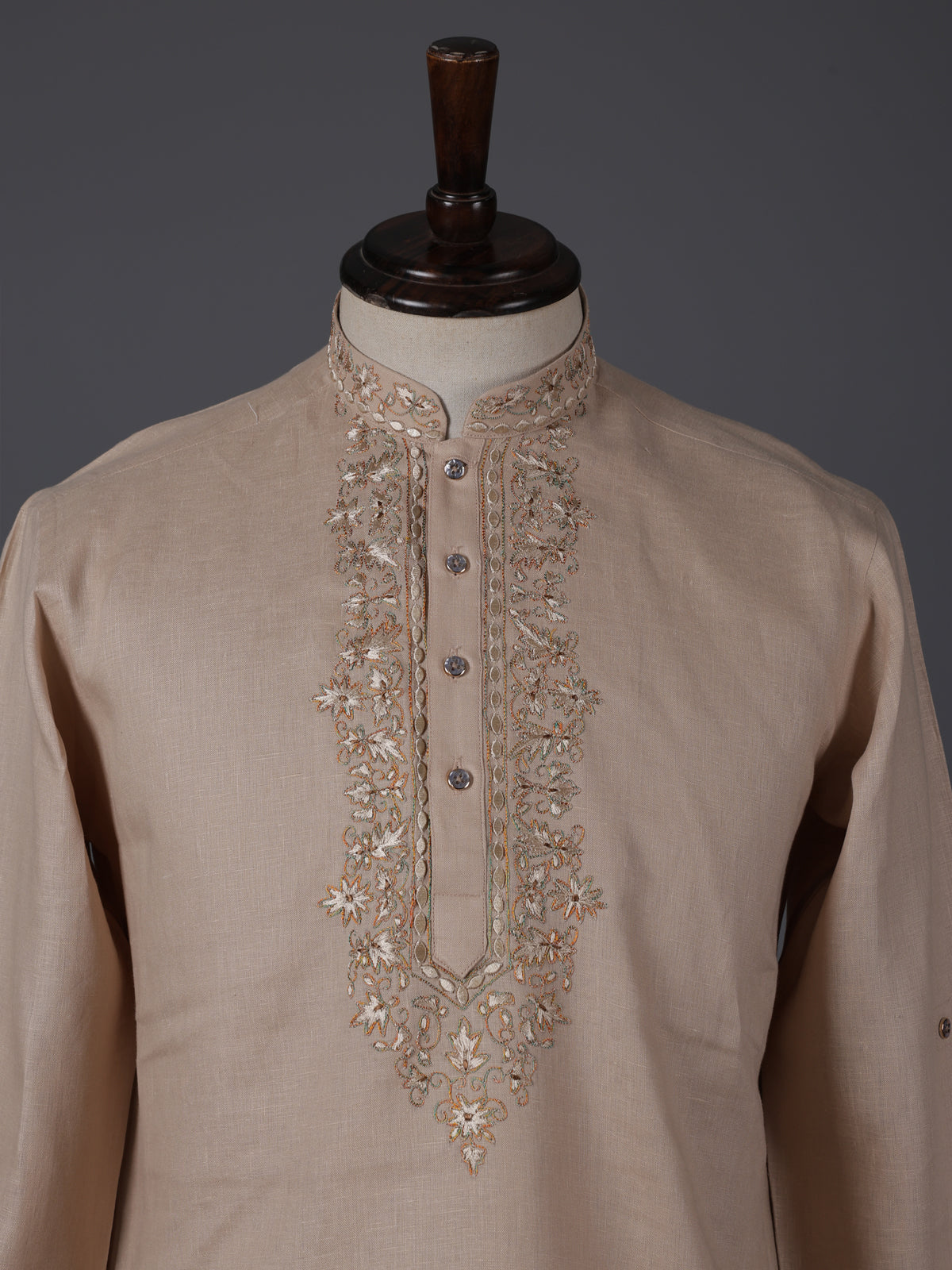 Peach linen embroidered short pathani festive kurta