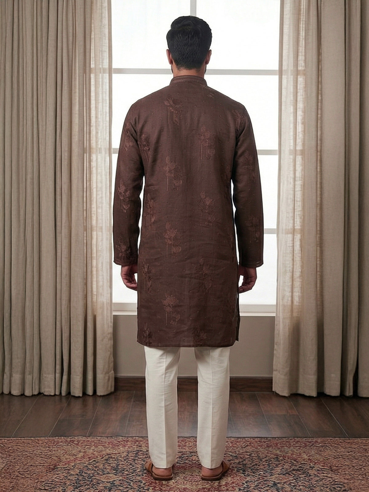 Coffee brown cotton linen embroidered festive kurta suit