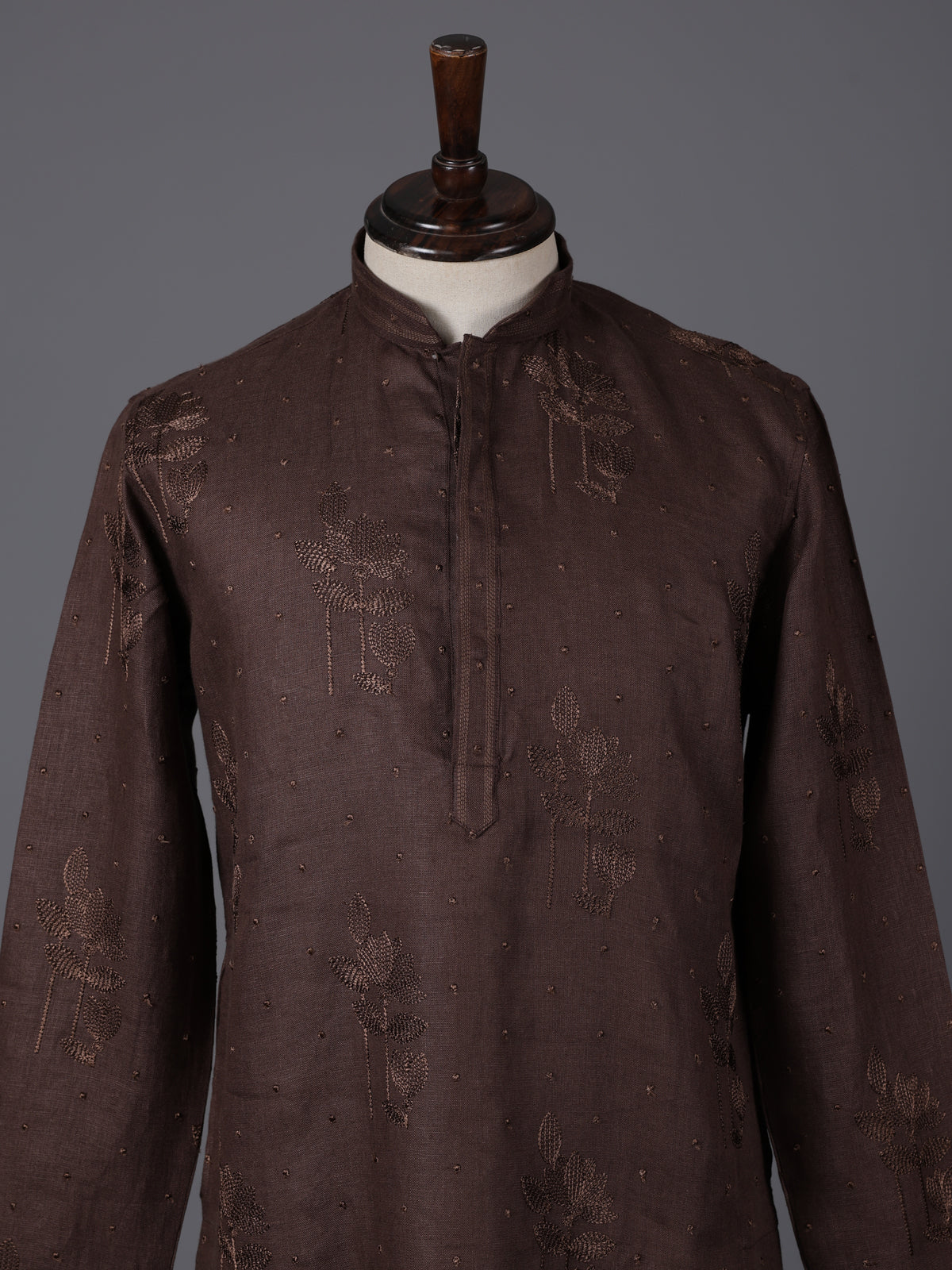 Coffee brown cotton linen embroidered festive kurta suit