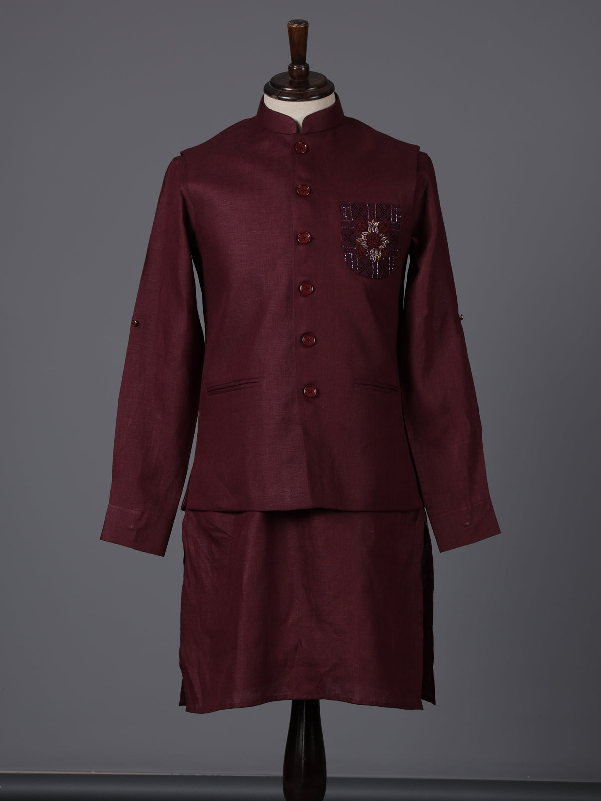 Wine cotton blend embellished festive waistcoat set
