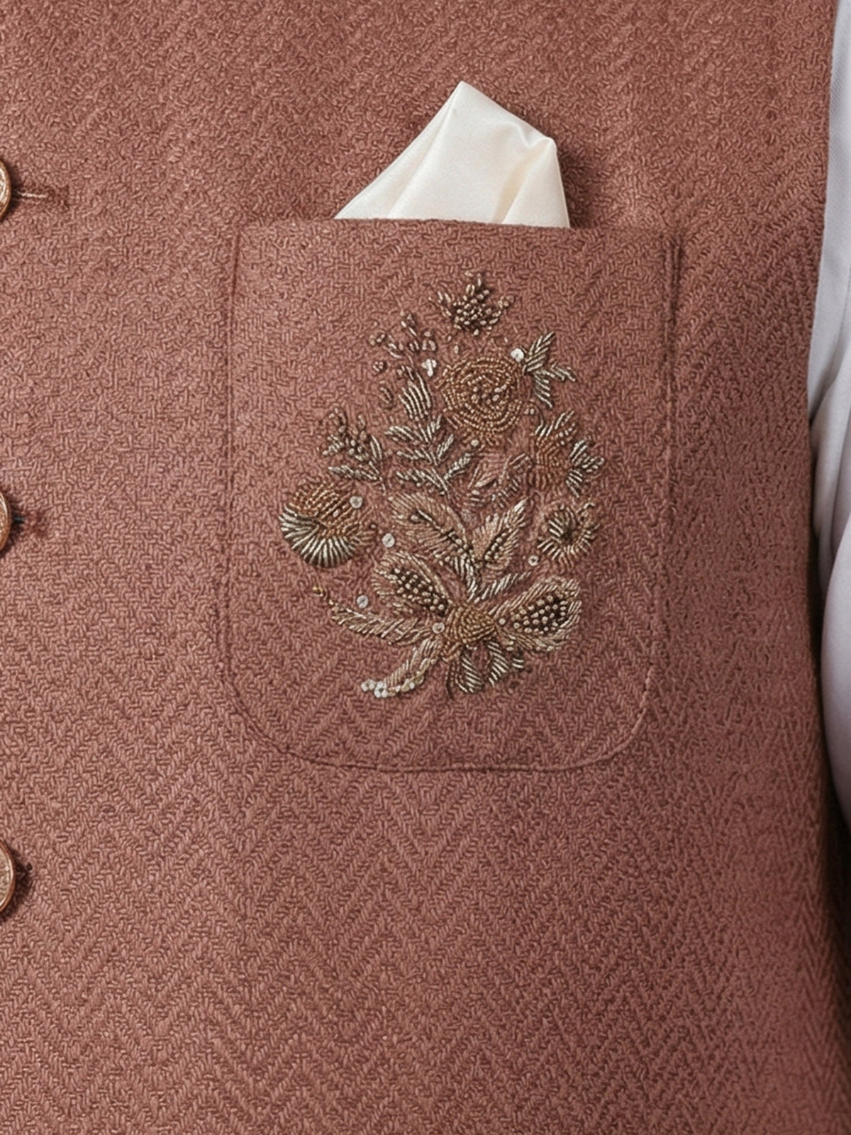 Light brown cotton textured festive zardosi waistcoat