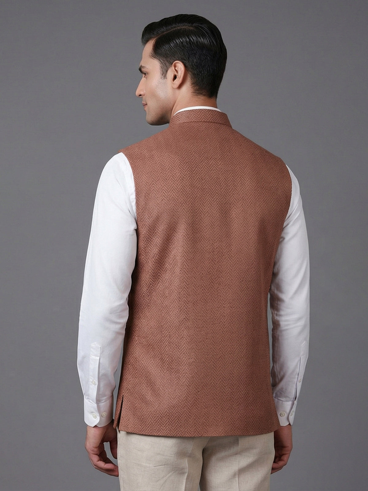 Light brown cotton textured festive zardosi waistcoat