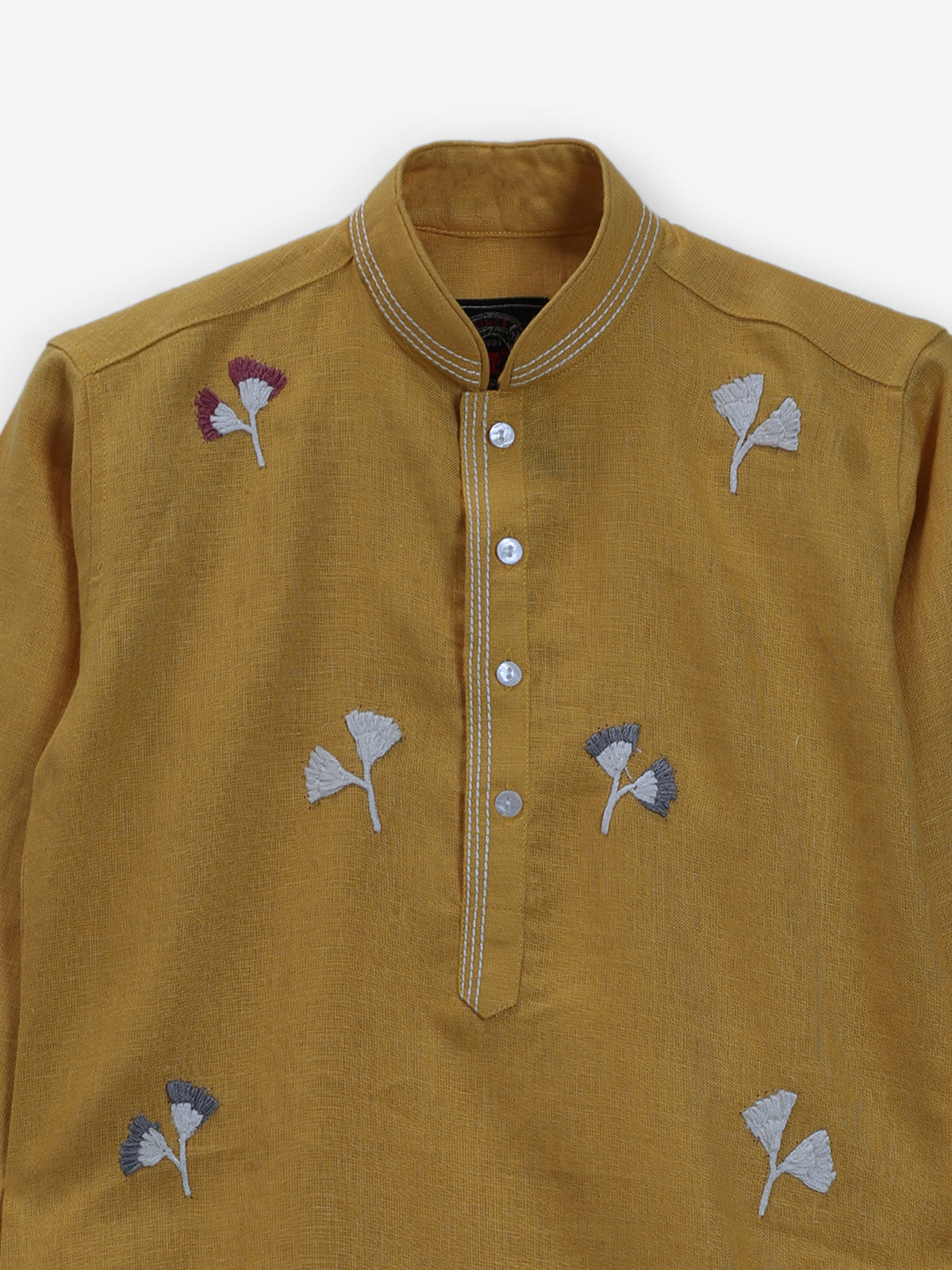 Mustard yellow cotton linen thread work festive boys kurta set
