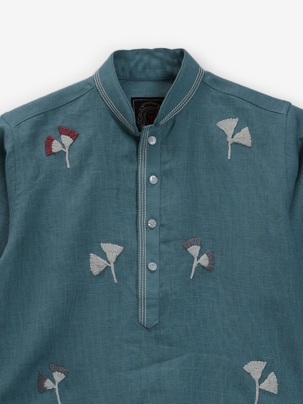 Stone blue cotton linen thread work festive boys kurta set