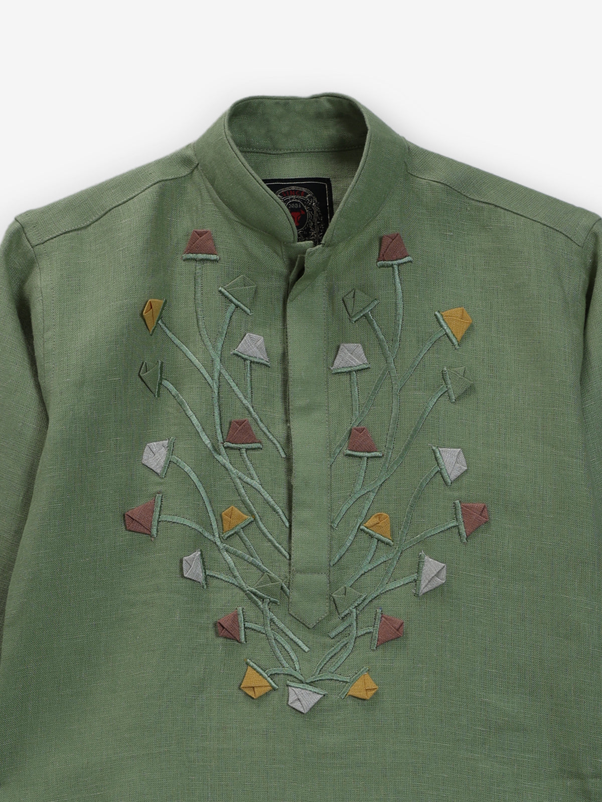Pista green cotton linen embroidered festive boys kurta set