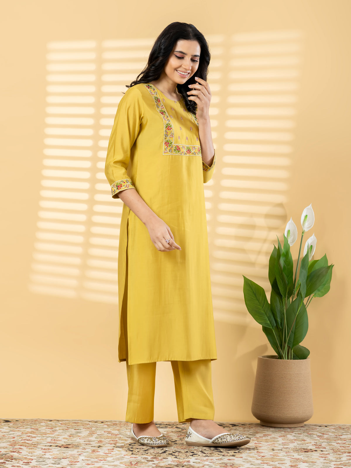 Yellow silk festive wear kurti set