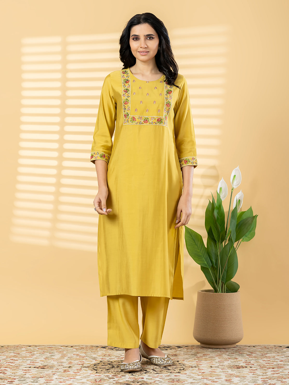 Yellow silk festive wear kurti set