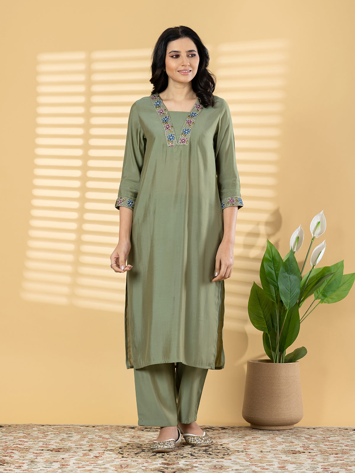 Olive green straight cut silk kurti set