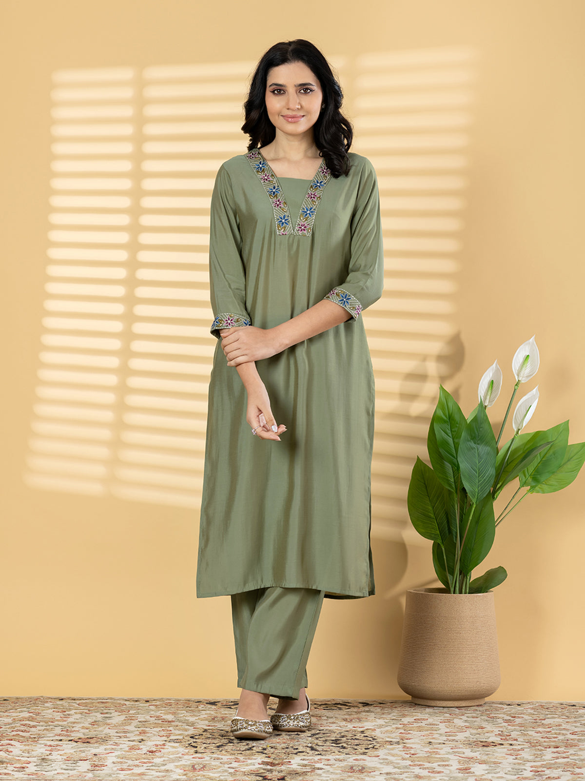 Olive green straight cut silk kurti set
