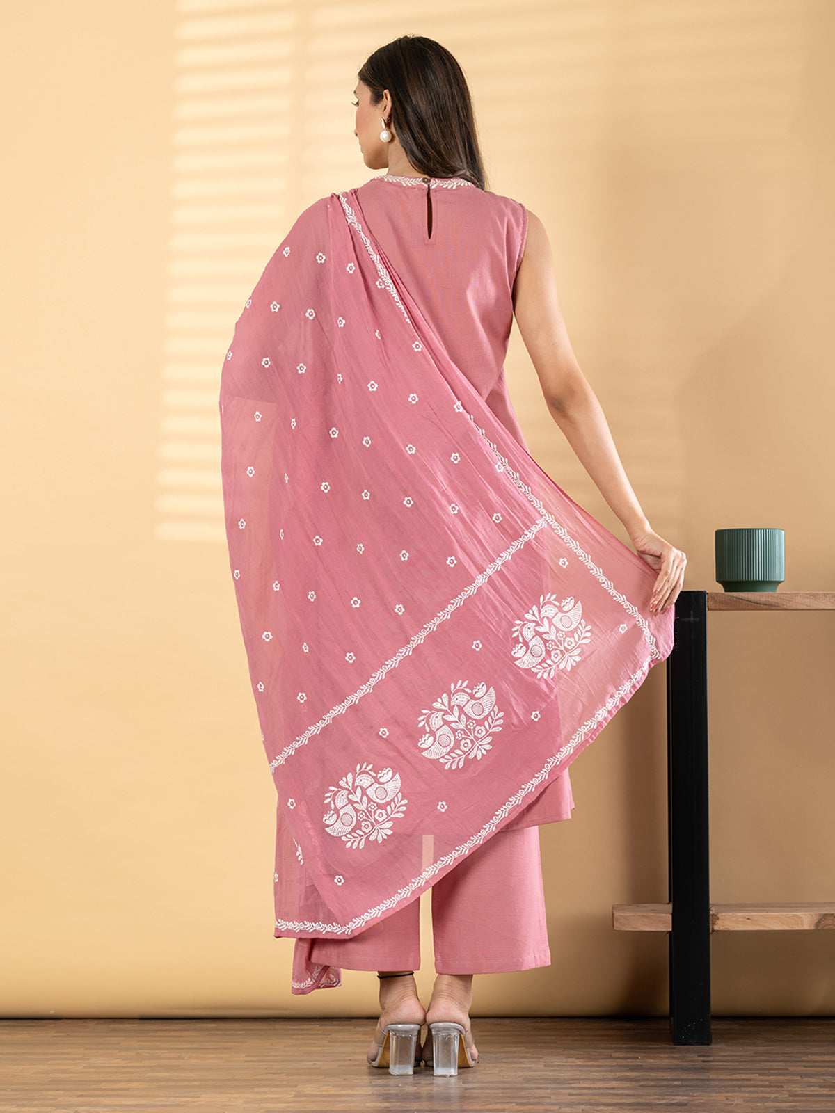 Onion pink cotton silk straight cut kurti set