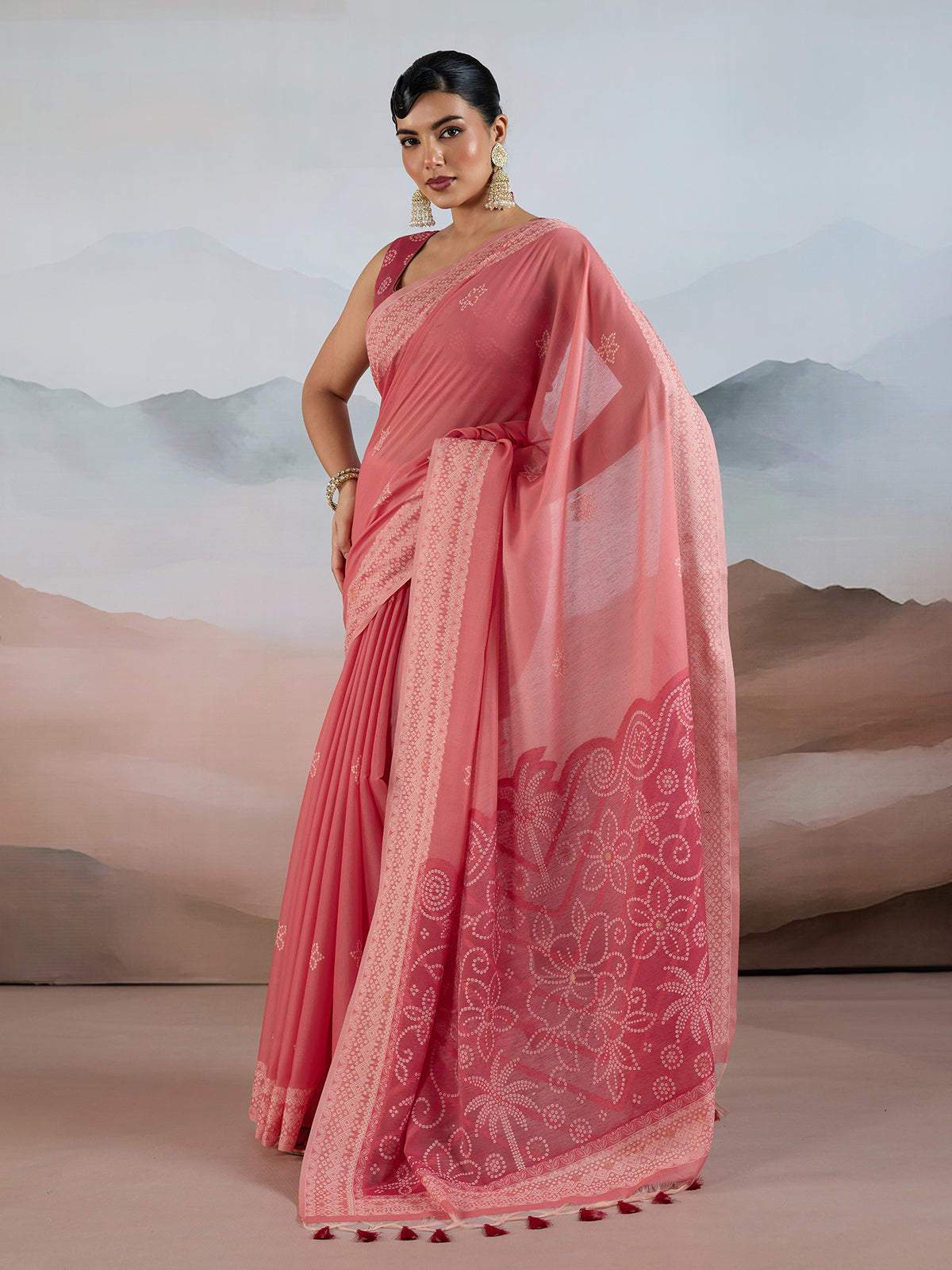 Pink bandhej inspired viscose cotton saree