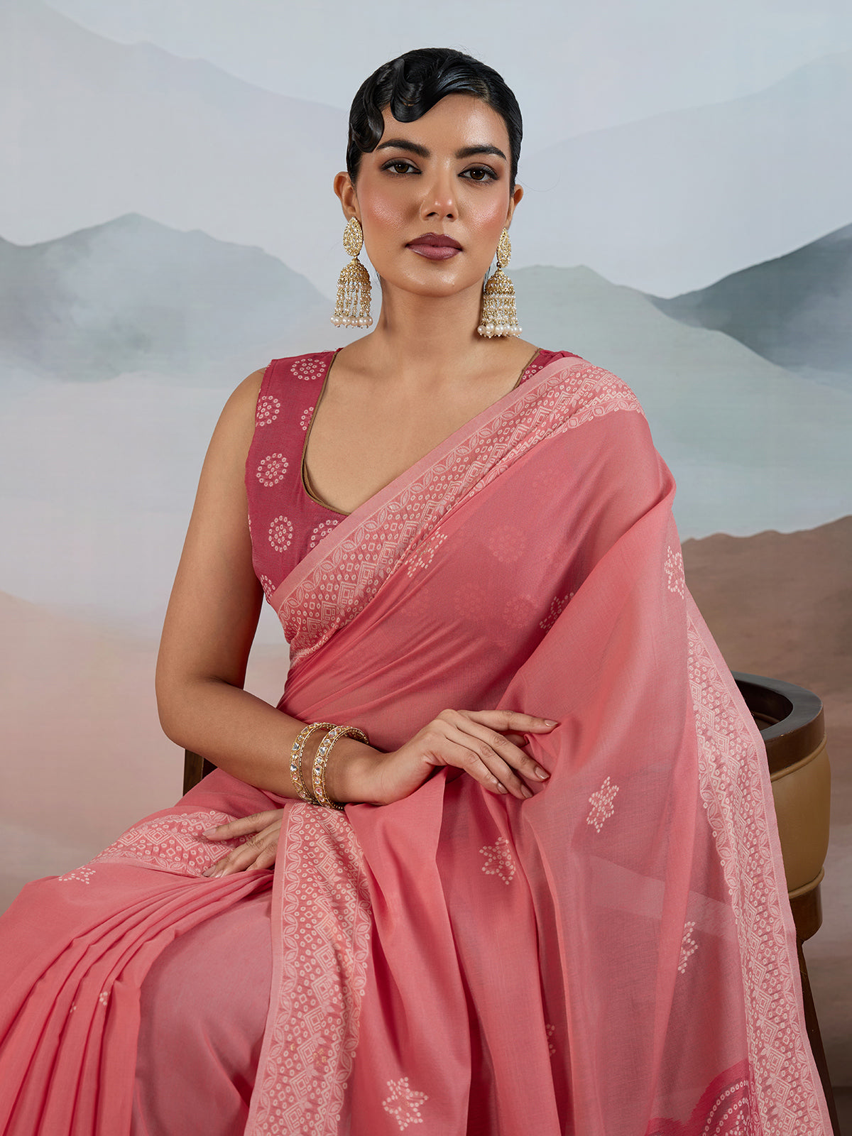 Pink bandhej inspired viscose cotton saree