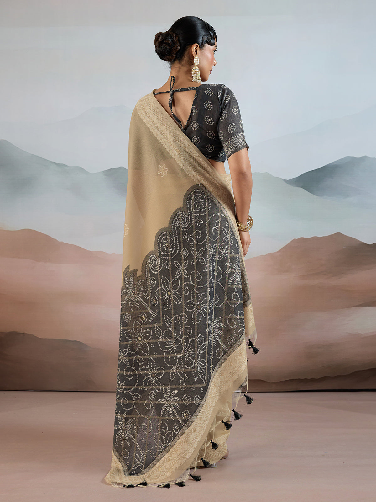 Beige bandhej inspired viscose cotton saree for festive
