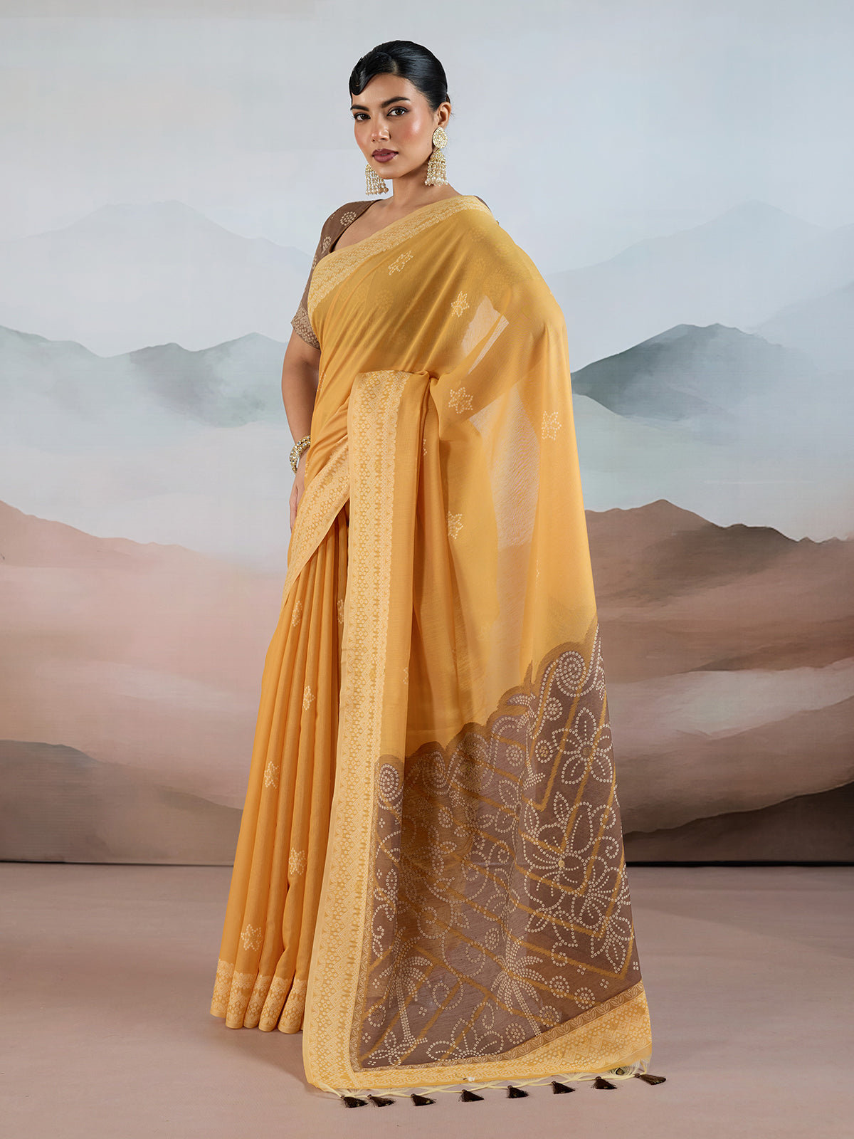 Yellow bandhej inspired viscose cotton saree